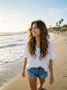 Long shaggy wavy California brunette hairstyle with texture
