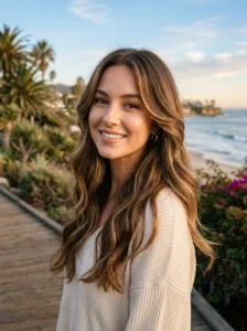 Long wavy face framing California brunette hairstyle