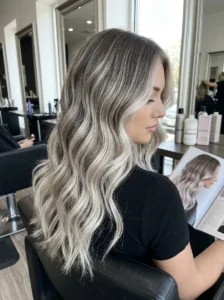 Long wavy hair with icy blonde balayage highlights and soft curls