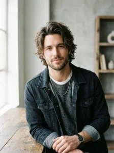 Man with textured wolf cut hairstyle showing volume and movement modern men haircut