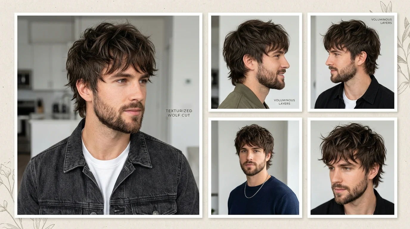 Wolf cut hairstyles for men showing textured layered modern haircut styles
