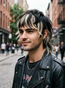 Medium black wolf cut with blonde chunks for men bold contrast style