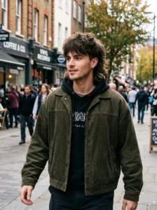 Layered wolf cut for men with flicked ends stylish look