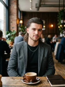 Slicked back mullet wolf cut for men clean modern hairstyle