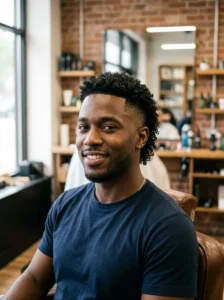 Short curly faded mullet haircut