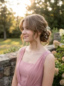 Messy low bun with curtain bangs elegant prom hairstyle