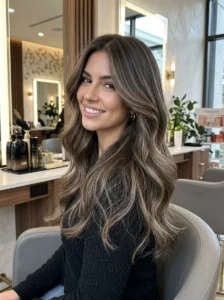 Smoky mushroom brown balayage on long layered brunette hair with soft waves