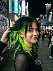 Neon green underlayer skunk hair bold Y2K hairstyle