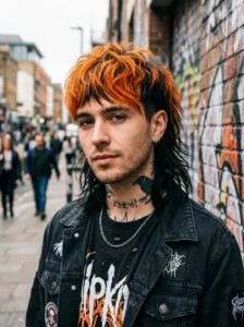 Orange black wolf cut for men bold colored mullet hairstyle
