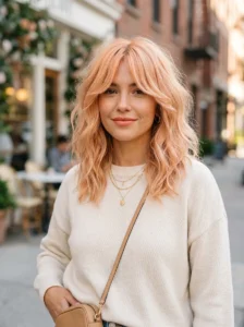 Shaggy peach blonde lob with curtain bangs modern hairstyle