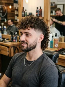 Permed mullet with low fade haircut