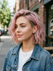 Soft pink undercut bob pastel edgy hairstyle