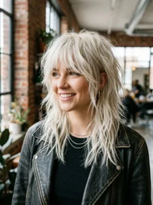 Platinum blonde medium shag hairstyle