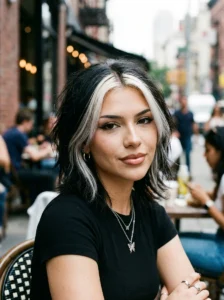 Platinum front streaks on dark hair Y2K hairstyle