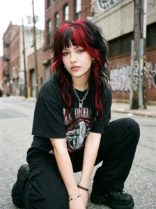 Red and black skunk hair with layered texture
