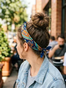 Scarf wrapped bun hairstyle for greasy hair