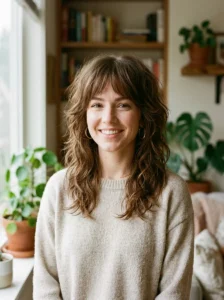 Medium shag haircut with wispy bangs