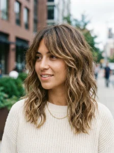 Medium shag haircut with soft balayage