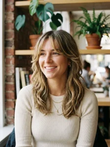 Soft medium shag with curtain bangs layered hairstyle