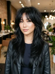 Layered long shag on black hair