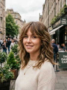 Medium shag with bottleneck bangs hairstyle