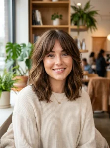 Shaggy brown lob with curtain bangs soft textured hairstyle