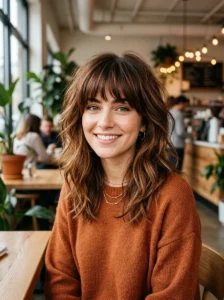 Soft shaggy lob on earth tone hair with heavy bangs