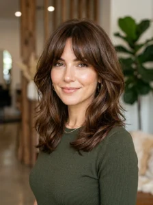 Shaggy lob on shiny brown hair with curtain bangs elegant hairstyle