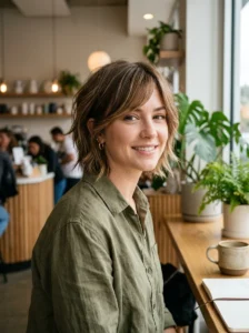 Short shag with side bangs hairstyle