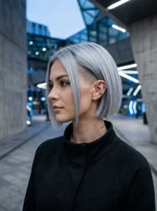 Silver grey undercut bob sleek edgy hairstyle