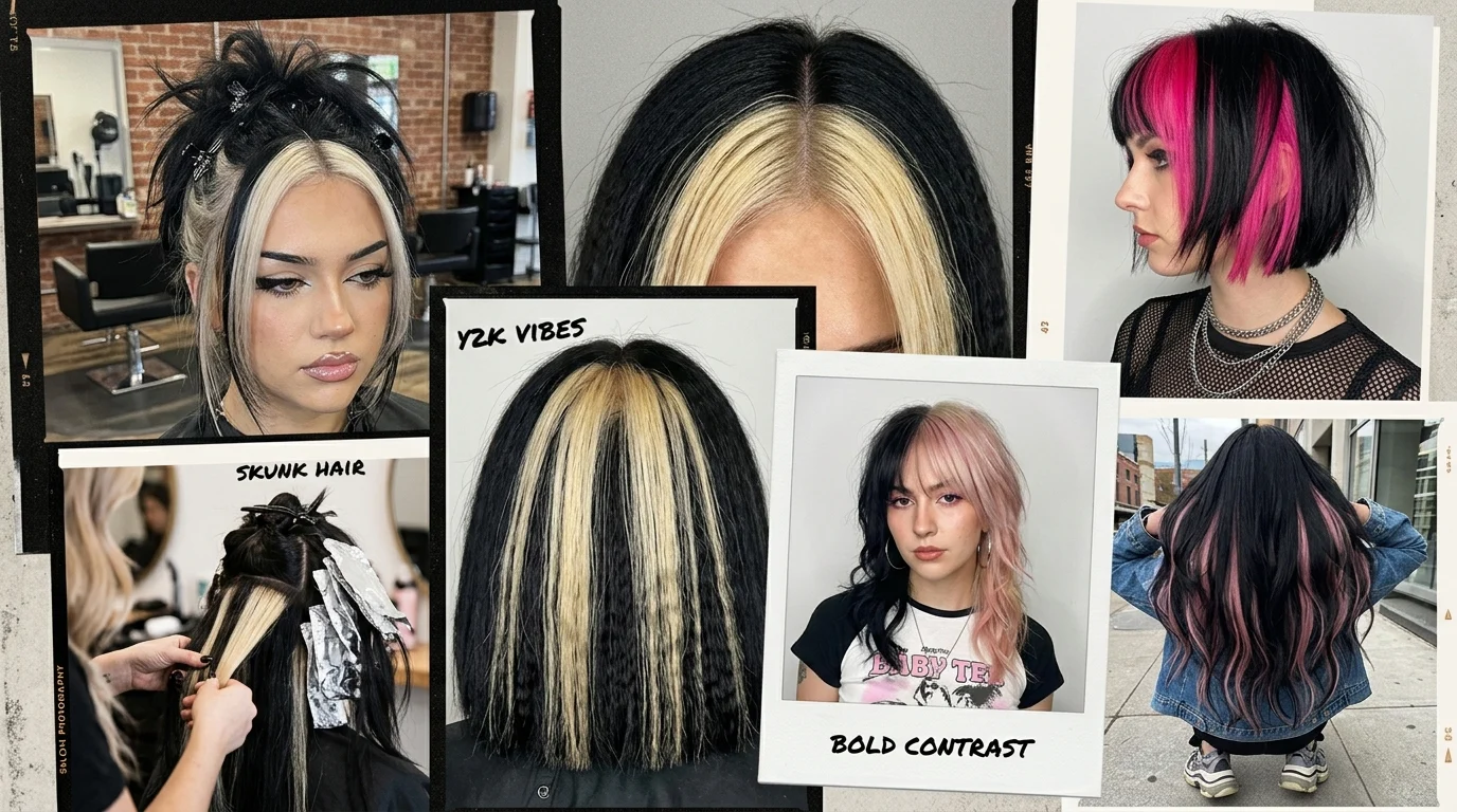 Y2K skunk hair ideas collage with bold chunky contrast hair colors