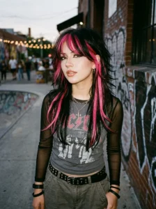 Pink and black chunky skunk highlights Y2K hairstyle