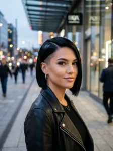 Sleek black undercut bob with side part edgy hairstyle