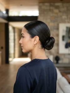 Sleek low bun hairstyle for greasy hair