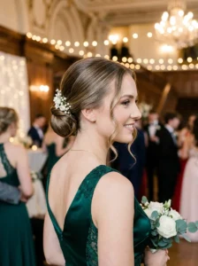 Sleek low bun with soft tendrils elegant prom hairstyle