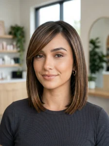 Short straight hairstyle with bronze balayage and side swept bangs
