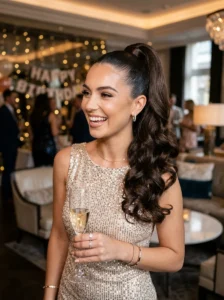 Sleek high ponytail with curled ends birthday hairstyle