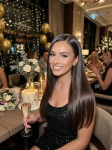 Straight glass hair with side part sleek birthday hairstyle