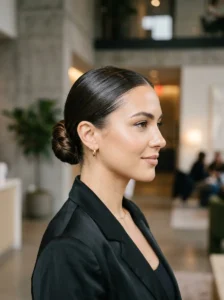 Slicked back bun hairstyle for greasy hair