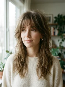 Long shag haircut with wispy bangs