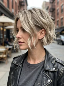 Textured blonde undercut bob with soft layered waves