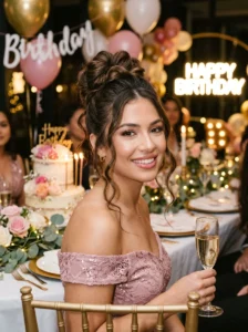 Textured high bun with loose strands birthday hairstyle