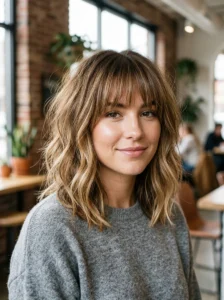 Textured lob cut with bangs modern layered hairstyle