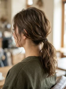 Textured low ponytail hairstyle for greasy hair