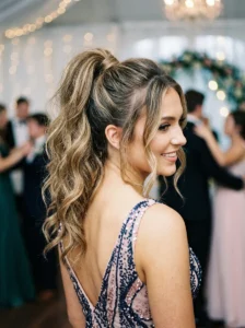 Textured high ponytail with loose waves prom hairstyle