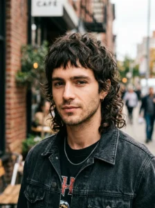 Textured wolf cut for men with curly ends and micro bangs