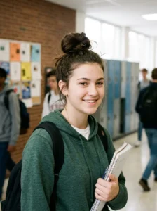 top knot hairstyle, quick bun look, casual school style 