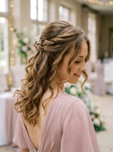 Twisted half up hairstyle with soft curls prom hairstyle