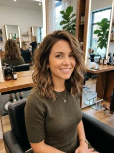 Wavy blunt lob haircut with textured beach waves