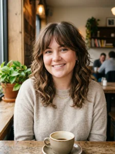 Wavy shaggy lob on round face with bangs flattering hairstyle